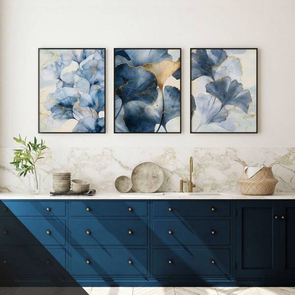 1/3 pezzi di Quadri astratti su tela con stampa botanica blu, decorazione moderna per camera da letto, soggiorno o ufficio, cartellone da letto con foglie blu, stampa per corridoio, regalo per lei, senza cornice