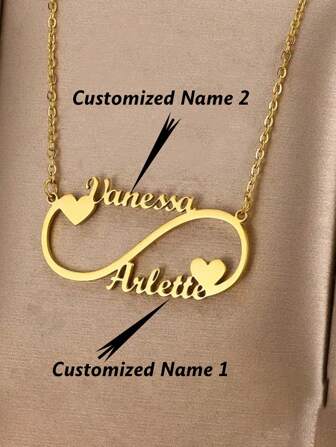 A Perfect Valentine's Day Gift Worth Having - A Stylish Bohemian Style Stainless Steel Custom Gold Heart Infinite Double Name Necklace, Personalized Engraved With The Names Of Two Lovers, A Daily Jewelry Accessory.