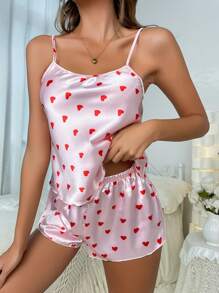 2PCS Sexy Set European And American Ice Silk Pajamas Women Thin Pajamas Loungewear Printed Satin Silk-Like Heart Print Sleeveless Top And Shorts Pajama Set Outfit