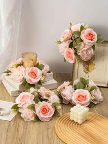 MEHELANY 1Pc Artificial Flower Candle Ring Garland , Light Pink Fake Rose Artificial Flower Wedding Table Centerpiece Spring Summer Garland For Front Door Wedding Bouquet Party, Home Decor, Wedding Arrangement, Romantic Date, Wedding Garland
