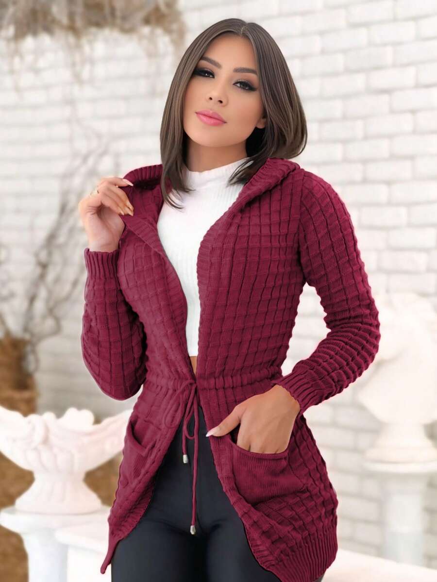 Women's Winter Coat Cardigan Hooded And Pocket Knit Kimono - 酒紅色 - 查看 1