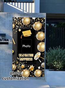 1pc Customizable Photo Backdrop, Black & Gold Graduation Season College Graduation Party Decoration For Entrance, Porch Background