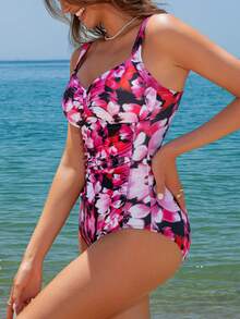 女士时尚印花荷叶边修身连体泳衣，带收腹功能，夏季海滩度假粉色 - 粉色 - 查看 4