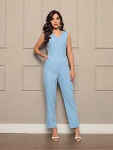 Women's Tailored Jumpsuit Simple Elegant Button Pocket - 淺藍色 - View 5