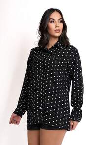 Women's Long Sleeve Polka Dot Dress Shirt In Crepe Fabric - Đen và trắng - Xem 2