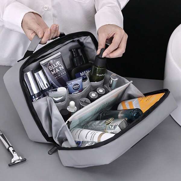 1 pièce Trousse de toilette portable à double compartiment pour hommes, sac de rangement de maquillage et cosmétiques de grande capacité avec fermeture éclair, trousse de rasage multifonctionnelle, sac de voyage, idéal pour un cadeau d'anniversaire, fête des mères ou Noël