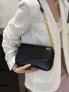 简约纯色单肩翻盖包，经典纹理斜挎包，女士钱包