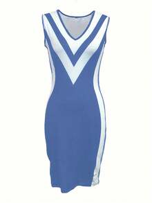 女式休闲时尚无袖 V 领修身中长针织连衣裙，采用舒适的中等弹力面料制成 - 淺藍色 - 查看 2