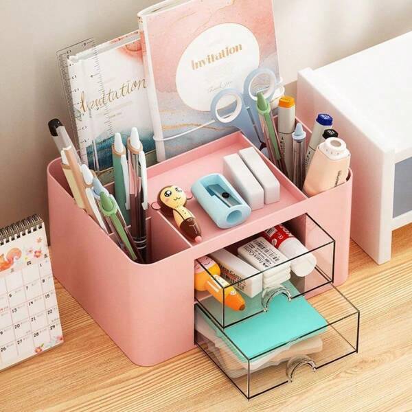 Creative Transparent Drawer Storage Box Desktop Cosmetics Organizer Student Large Capacity Pen Holder School Office Stationery Supplies, School Supplies,Back To School