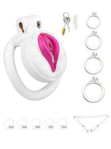 Male Inverted Negative Chastity Cage With 4 Rings Set, Small Men Flat Chastity Device Lock, Realistic Pussy Penis Cage Design, BDSM Bondage Adults Sex Toys For Gay Couples (Pink)