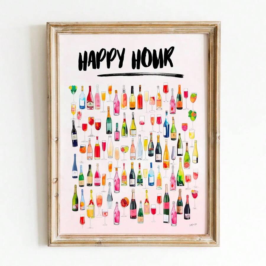 1 Pc, Wall Arts, Modern Posters, Happy Hour Vintage Watercolor Champagne Cocktail Poster Aesthetic Girly Bar Cart Art Preppy Pink Poster Cute Champagne Wall Art, Living Room Decor, Bedroom Decor Aesthetic, Housewarming Gift, Unframed ,Wall Art With Frame