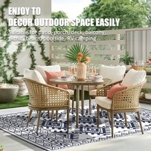 Pendolr 5'x8' Outdoor Rug Waterproof Carpet Patio Rug Outdoor Plastic Straw Rug Camping Rug Reversible Outside Outdoor Area Rug For Balcony Deck Backyard RV Picnic Beach Navy&White - White - View 5