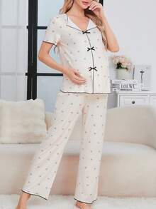 孕妇睡衣套装，简约 V 领，可爱樱桃印花，蝴蝶结细节孕妇休闲套装 - 彩色 - 查看 4