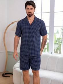 2pcs/Set Men's Plaid Allover Print Short Sleeve Shirt And Shorts Pajama Set