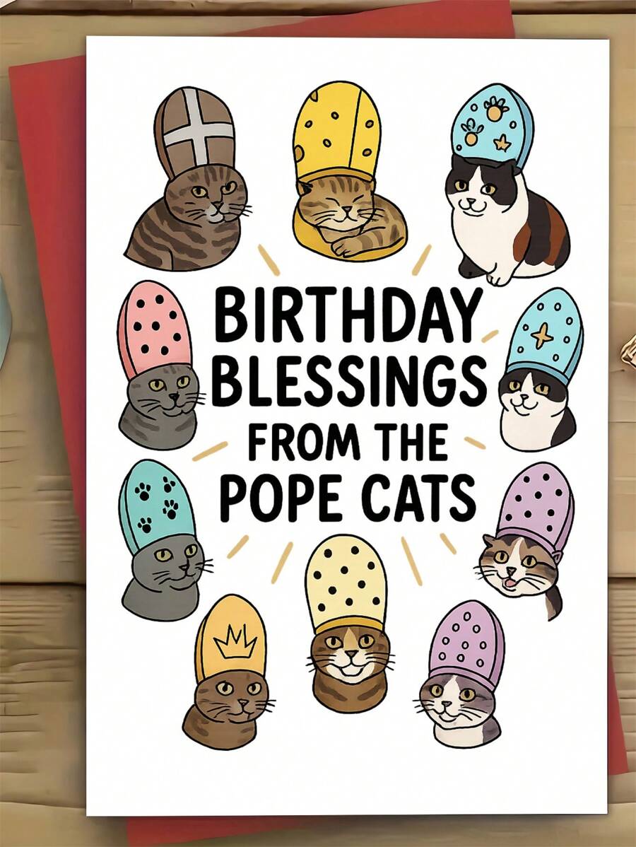 1 PIEZA Tarjeta de felicitación de cumpleaños con diseño de gato con mitra del papa, ilustración adorable, en blanco por dentro, bendiciones humorísticas, regalo para amantes de las mascotas, hombres, mujeres y amigos, tarjeta de cumpleaños felina única