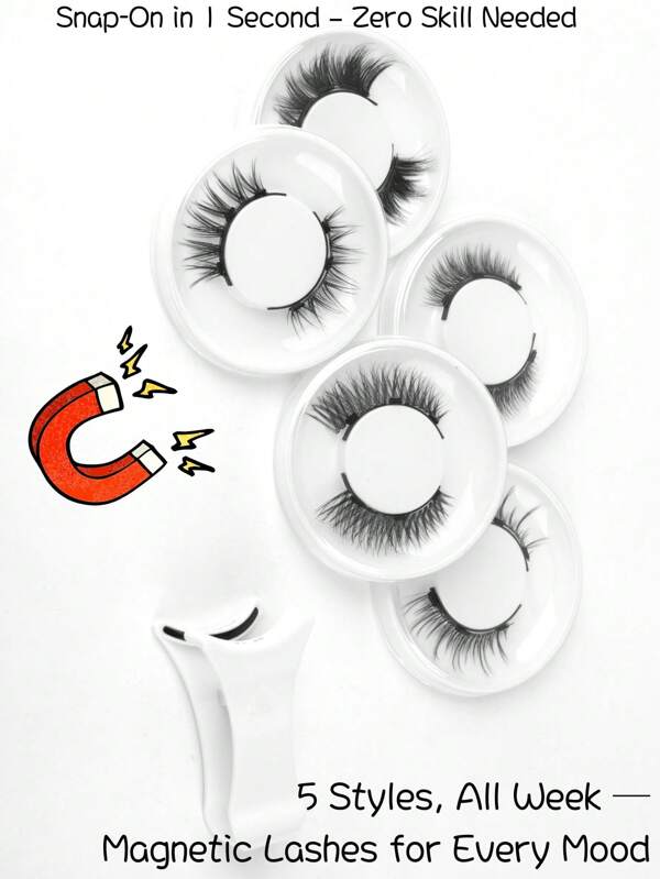 5 Pairs Magnetic Eyelashes Set - C To CC Curl Natural To Glam Styles, One Pair For Each Weekday, Lightweight Reusable Lashes For Office, Daily Wear Or Elegant Makeup Looks