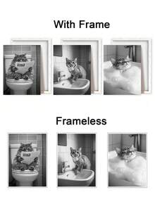 Set Of 3 Bathroom Scene Poster, Cat Newspaper Canvas Print Wall Arts, Reading Cat Poster, Sink Splash Art Prints, Relaxing Cat Wall Arts, Bubble Bath Bulk Modern Artwork, Wall Arts, Room Aesthetic, Posters, Ideal Gift, Optional Framed ,Wall Art With Frame