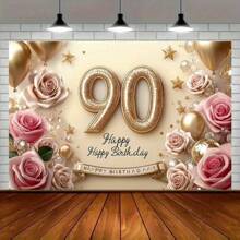 1 faixa para festa de 90 anos - fundo elegante de poliéster dourado e rosa com rosa, estrela e design de "Feliz Aniversário", adequado para decoração de casa e parede, decoração de festa de aniversário, volta às aulas, material escolar