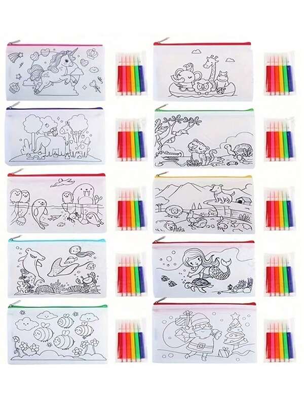 10pcs Reusable DIY Graffiti Bag Set, Includes 5pcs Pencil Case & 5pcs Colorful Marker Pens, Carnival Animals Art Party Gift Bags, Non-Woven Fabric Bags Suitable For Birthday, Halloween, Christmas & New Year Gift Packaging And Storage, Holiday Party Gift Pouches