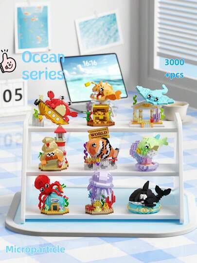 Novo conjunto de blocos de construção de micropartículas com tema da série Marine, fofo e adorável, com designs versáteis, feito de material ABS, adequado como decoração de mesa, decoração de quarto e pequenos presentes de Natal entre amigos