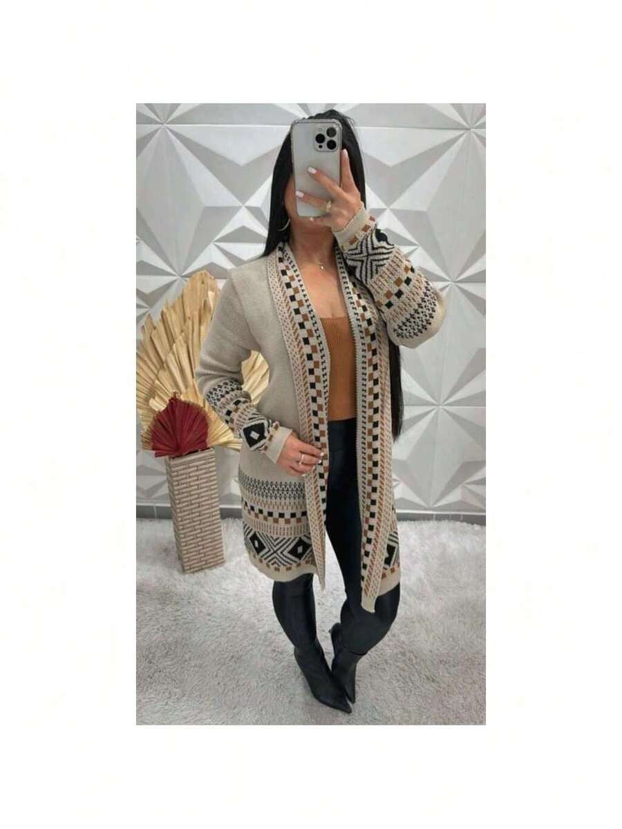 Kinomo Women's Knitted Cardigan Checkered Long Sleeve Coat Elegant Women's Overcoat Knitted - 米色 - 查看 1