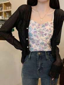 1 pieza Chaqueta de malla transparente anti-UV para mujer para vestido ligero con tirantes, cubierta de chifón sin mangas