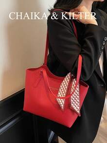 1 pièce Sac à épaule en PU de couleur unie à la mode pour femmes, sac fourre-tout rétro décontracté avec fermeture magnétique et à fermeture éclair, grande capacité convenant pour les voyages, les achats, les sorties, en cadeau pour les femmes, les adolescentes, les étudiantes, les employées de bureau, les déplacements, les activités extérieures (vendu avec écharpe) - Rouge - Voir 4