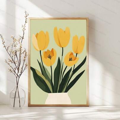 1pc Spring Fresh Tulip Canvas Print, Wall Art, Modern Aesthetic Decor, Home Decor Gift For Living Room, Bedroom, Bathroom, Office, Hallway, Kitchen Wall Decoration Optional Frame ,Wall Art With Frame