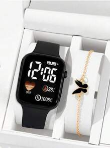 2 pièces/Set: 1 pièce Montre numérique Cœur de bande dessinée et Carré + 1 pièce Bracelet Papillon, Cadeaux pour la Saint-Valentin, Noël, Remise des diplômes, Couples, Montre et Bracelet pour Couples