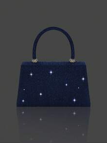 Shiny Elegant Mini Bow Clutch Bag For Women, Comes With Sparkling Rhinestone Jewelry 3-Piece Set, Minimalist Solid Color Pleated Flap Handbag, Suitable For Festivals, Parties, Galas, Weddings. An Ideal New Year Gift. - Navy Blue - View 9