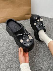 Women's Thick Sole Slip-On Clogs, Button Decor, Lightweight & Comfortable Casual Shoes - Black - View 3