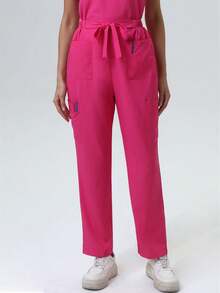 V-Neck Multi-Pocket Waist Tie Scrubs Uniform Set, Nurse Scrubs Workwear For Dentist, Healthcare, Pet Hospital, Laboratory - Hot Pink - View 9