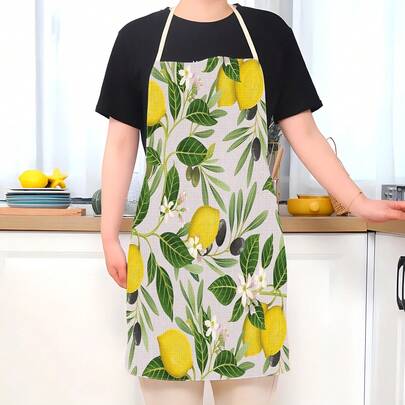 1pc Fresh Lemon Pattern Apron, Sleeveless Polyester Kitchen Apron With Adjustable Strap For Home Cleaning And Cooking, Fashionable Household Kitchenwear, Easy To Clean
