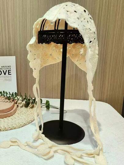 1pc Lightweight Decorative Crochet Hollow Out Tasseled Beanie Hat, Polyester Fiber Material, Fashionable Accessory For Women, Suitable For Summer Sun Protection, Boho Style, Mother-Daughter Matching Outfit