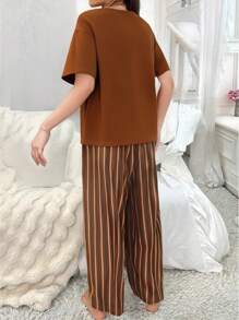 2pcs Women Sleepwear Set, Solid Color & Striped Two Pieces Outfit, T-Shirt Top And Striped Contrast Long Pants, Comfortable Spring/Summer Short Sleeve Long Pants Two Pieces Home Wear