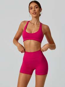 NcmRyu 1 Set Women Sexy Hottie Yoga Pilates Running Training Sports Bra And Leggings Fitness Workout Suit - 玫紅色 - 查看 6