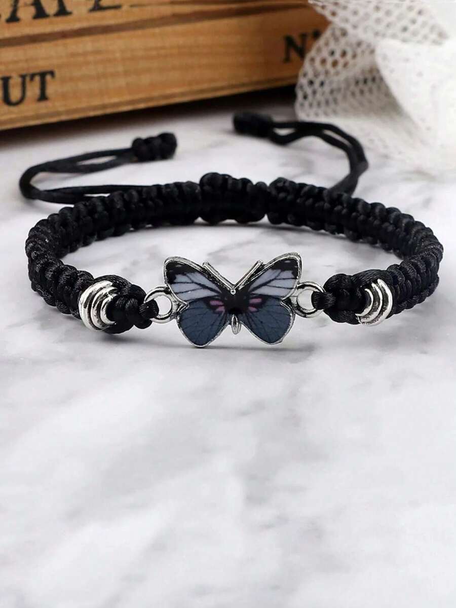 1pc Butterfly Bracelet Women's Butterfly Pendant Woven Bracelet Is Adjustable - Black - View 1