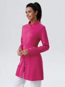 Solid Color Long Sleeve Casual Zipper Front Pocket Laboratory Jacket Lab Coat - Rose Red - View 6