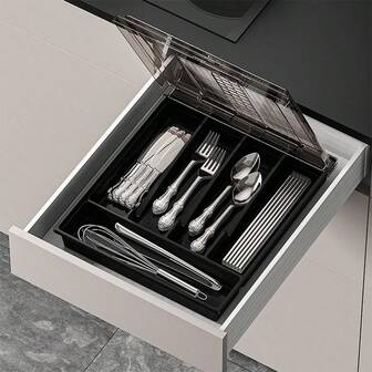 1pc Kitchen Flatware Organizer Box With Lid, Multi-Compartment Plastic Cutlery Holder Storage Box For Spoons, Forks, Knives