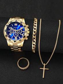 4 Pieces Business Men Pointer Quartz Watch Sports Boy Fashion Matching Bracelet, Cross Necklace And Ring, Gifts For Father