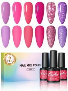 coscelia 6PCS Glitter Nail Gel Polish Set 7ML Pink Gold Purple Blue Grey Soak Off Gel Nail Polish Needed For Nail UV/LED Lamp, Long Lasting And Gloss Shine For All Seasons Women DIY Nail Art Salon At Home