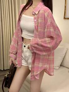 2025夏季新款格子衬衫女休闲宽松上衣上衣 - 粉色 - 查看 4