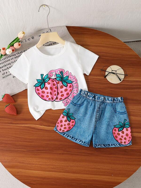 2pcs Girls Toddler Outdoor Casual Vacation Commute Strawberry Print Round Neck Breathable Short Sleeve T-Shirt And Faux Denim Shorts Set, Summer Outfit