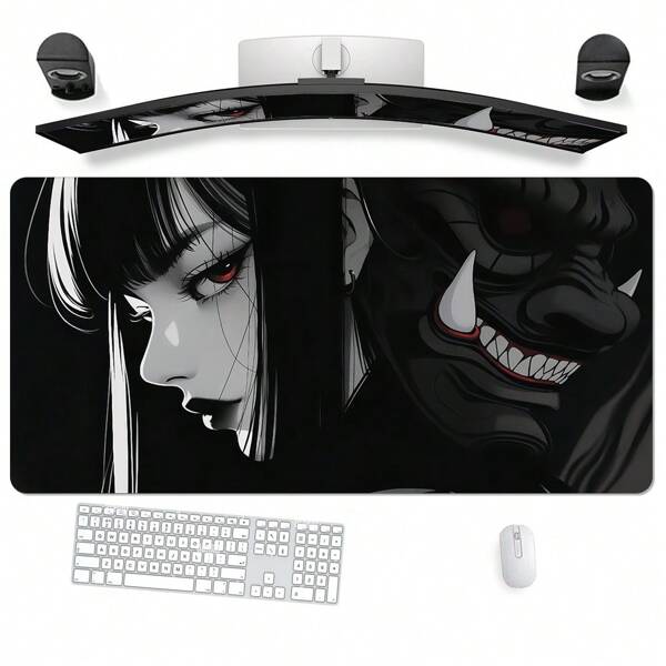 1pc Large Anime Girls And Demons Gaming Mouse Pad With Cool Black Design - Thick, Non-Slip Rubber Base, Easy To Clean, Precise Edges, Rectangular Desk Mat For Gamers And Office Use, Office Desk Mat, Bold Character Design , Easyclean Surface