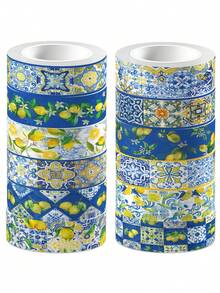 12 rouleaux de bandes adhésives style chinois frais avec motif de fruits de citron vert et de porcelaine bleu et blanc. Longueur 197 pouces. Ruban de masquage washi autoadhésif, autocollants, artisanat, emballage cadeau, fournitures pour journal DIY, couleurs mélangées, fournitures pour l'art et l'artisanat - Multicolore - Voir 1