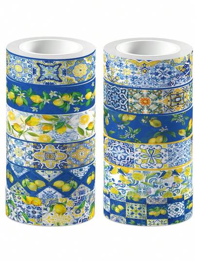 12 Rolls Fresh Chinese Style Lime Fruit Blue And White Porcelain Pattern Beauty Tape, Length 197 Inches, Self-Adhesive Washi Tape, Stickers, Handicrafts, Gift Packaging, DIY Diary Supplies, Mixed Colors, Art And Crafts Supplies