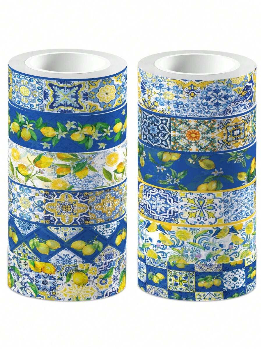 12 rouleaux de bandes adhésives style chinois frais avec motif de fruits de citron vert et de porcelaine bleu et blanc. Longueur 197 pouces. Ruban de masquage washi autoadhésif, autocollants, artisanat, emballage cadeau, fournitures pour journal DIY, couleurs mélangées, fournitures pour l'art et l'artisanat - Multicolore - Voir 1