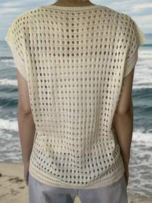 Solid Color See-Through Crochet Knitted Pullover Top, Beach Cover-Up, Holiday Knit Cape Tee - Beige - View 6