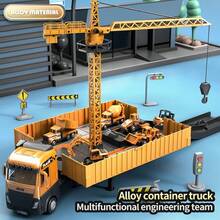 unilabo High-Quality Children's Engineering Model Toy Set, Including Container Truck, Excavator, Tower Crane, Excavator, Roller, Birthday Gift, Back To School Season Gift - Multicolor - View 9