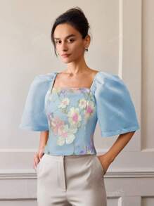Modern Elegant Women Casual Floral Puff Sleeve Blouse, Spring/Summer Filipiniana Attire
